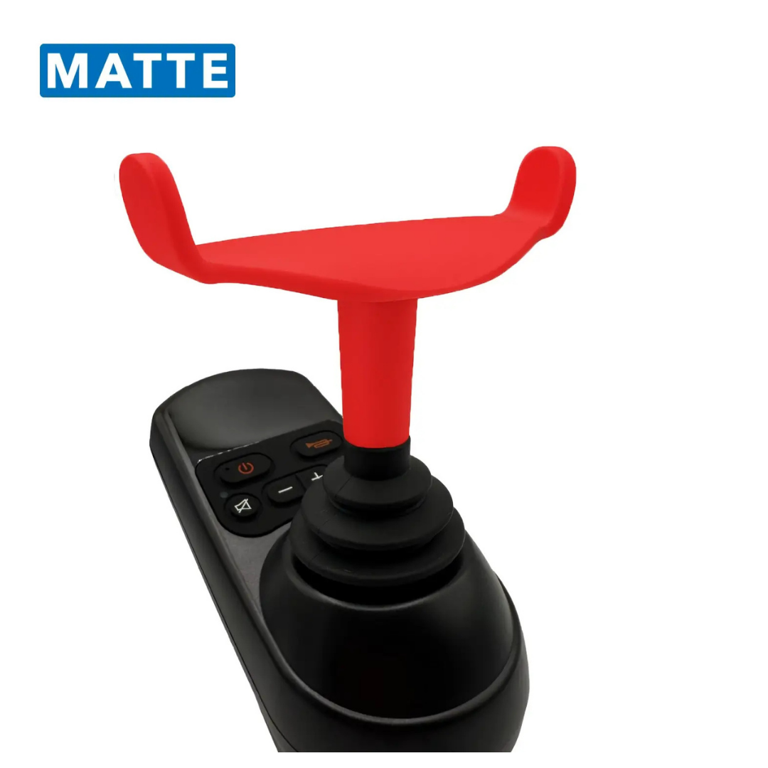 The ComfyGo Ergonomic U-Shaped Joystick Handle with Flex Shaft for Powerchairs features a matte red grip on a black controller base with buttons, displayed against a white background.